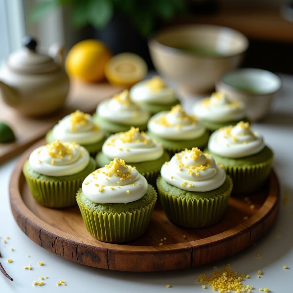Magdalenas esponjosas de color verde claro con semillas de sésamo doradas en la superficie, coronadas por un frosting blanco cremoso con ralladura de limón amarilla. Postre japonés sin azúcar en bandeja de madera rústica.