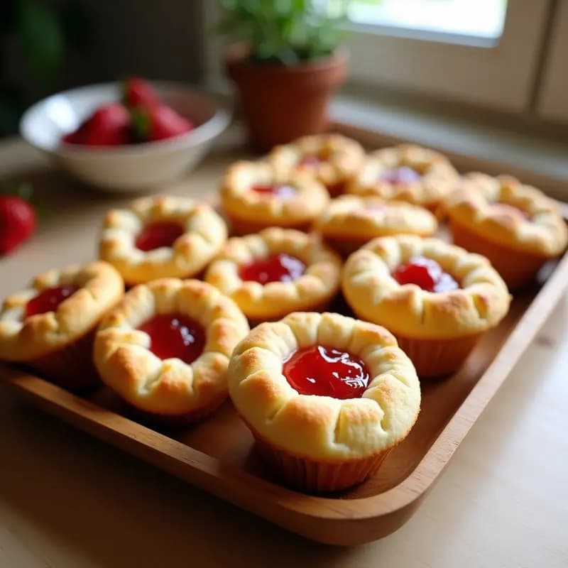 Magdalenas doradas y esponjosas de yogur con corazón de mermelada de fresa, servidas en una bandeja rústica de madera con moldes de papel blanco, ideal para desayuno o merienda.