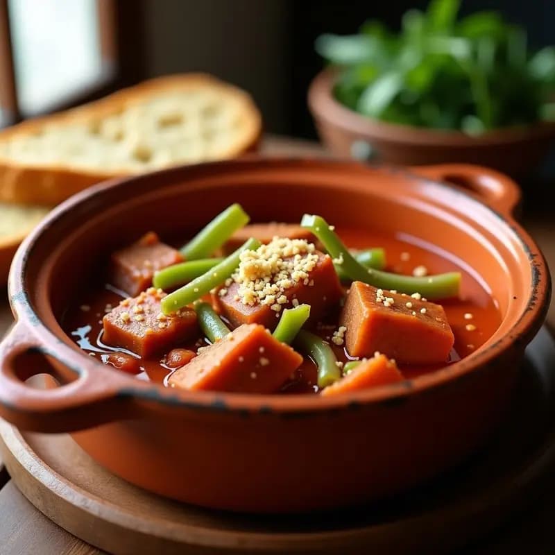 Cazuela de barro con magras de cerdo en salsa de tomate espesa, acompañada de pimientos verdes y cebolla. Plato tradicional murciano servido en recipiente rústico.