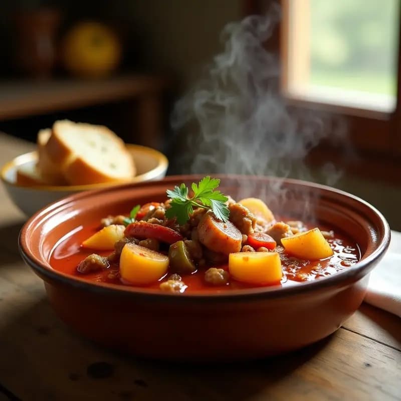 Plato hondo de barro con magras con tomate andaluz, trozos de carne jugosa en salsa espesa de tomate, acompañadas de pan tostado y perejil fresco, receta tradicional de olla exprés.