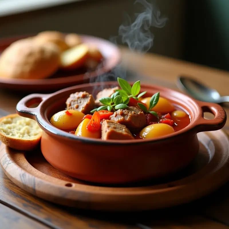Cazuela de barro humeante con estofado cordobés de magras con tomate y patatas, trozos de carne dorada, patatas enteras y salsa espesa de tomate, servido en mesa rústica de madera.