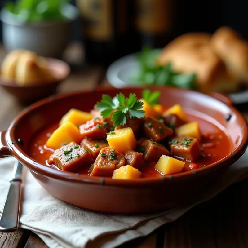 Plato hondo de barro con magras con tomate y patatas Whole30, carne de cerdo ibérica en trozos, patatas doradas y salsa de tomate espesa, decorado con perejil fresco sobre una mesa rústica de madera.