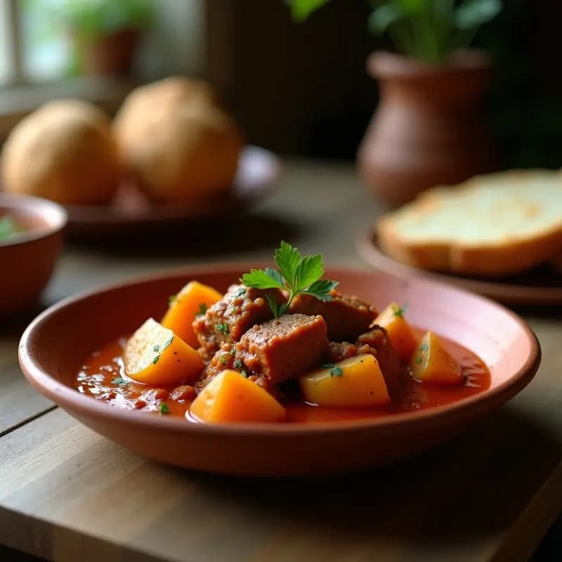 Plato hondo de barro con magras con tomate y patatas, carne de cerdo tierna bañada en salsa de tomate casera, trozos de patata dorada y un toque de pimentón, receta andaluza tradicional de cuchara.