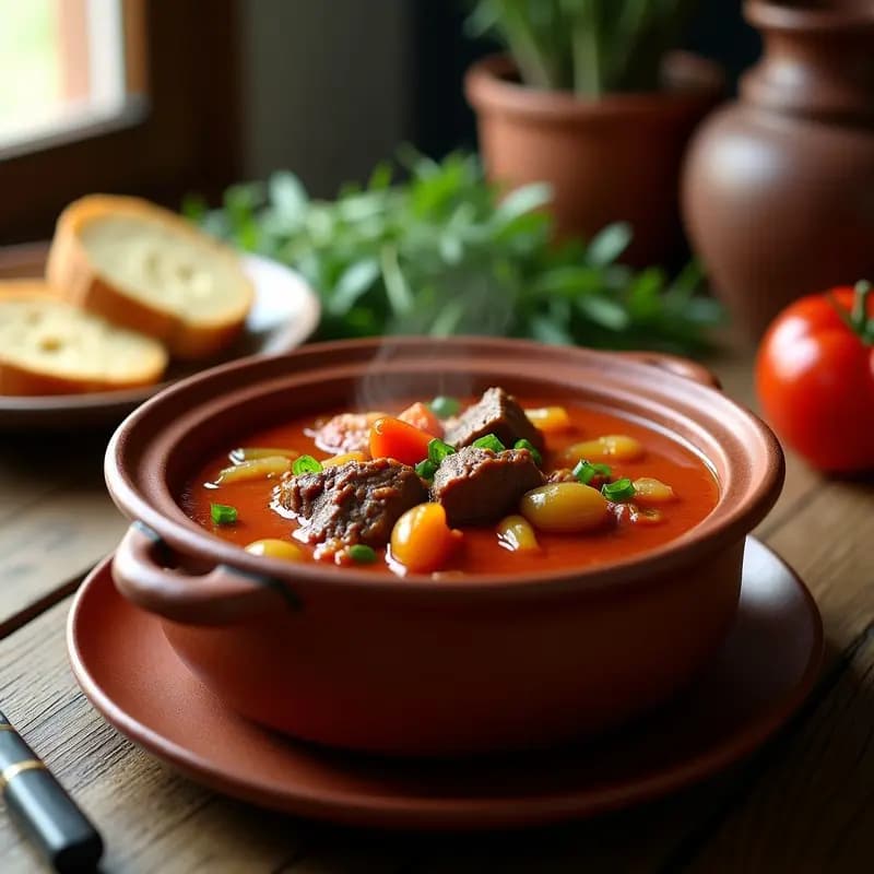 Cazuela de barro humeante con guiso de magras de ternera en salsa espesa de tomate y pimientos verdes, acompañado de rebanadas de pan rústico. Plato tradicional cordobés de la abuela.