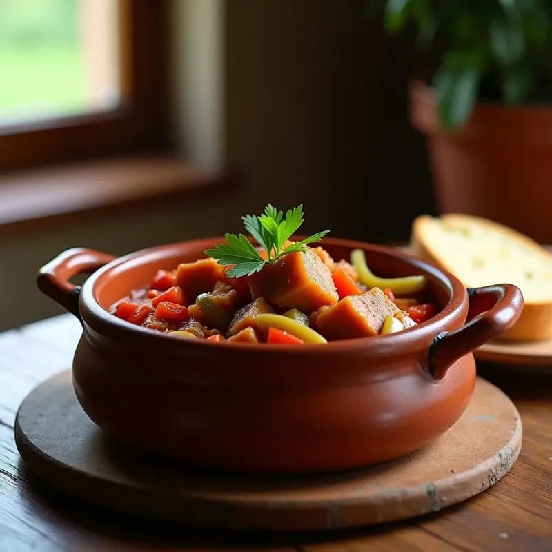 Cazuela de barro con magras con tomate cordobesas, trozos de carne magra de cerdo bañados en una salsa espesa de tomate, con visible pimiento verde y cebolla. Acompañado de una rebanada de pan rústico y decorado con perejil fresco.