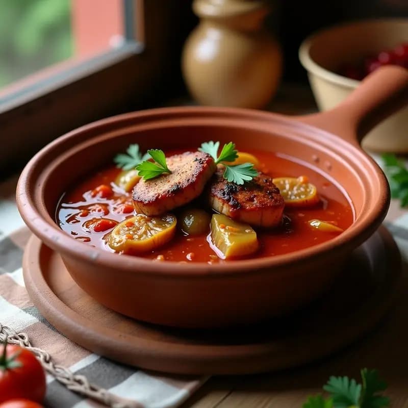 Cazuela de barro con magras con tomate sevillana, carne adobada y jugosa en salsa espesa, acompañada de rebanadas de pan rústico y decorada con perejil fresco.
