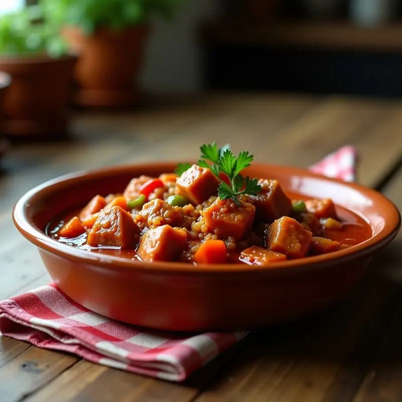 Plato hondo de barro con magras con tomate andaluzas, carne magra de cerdo en trozos bañados en salsa espesa de tomate, acompañadas de zanahoria y pimiento. Receta tradicional en olla rápida.