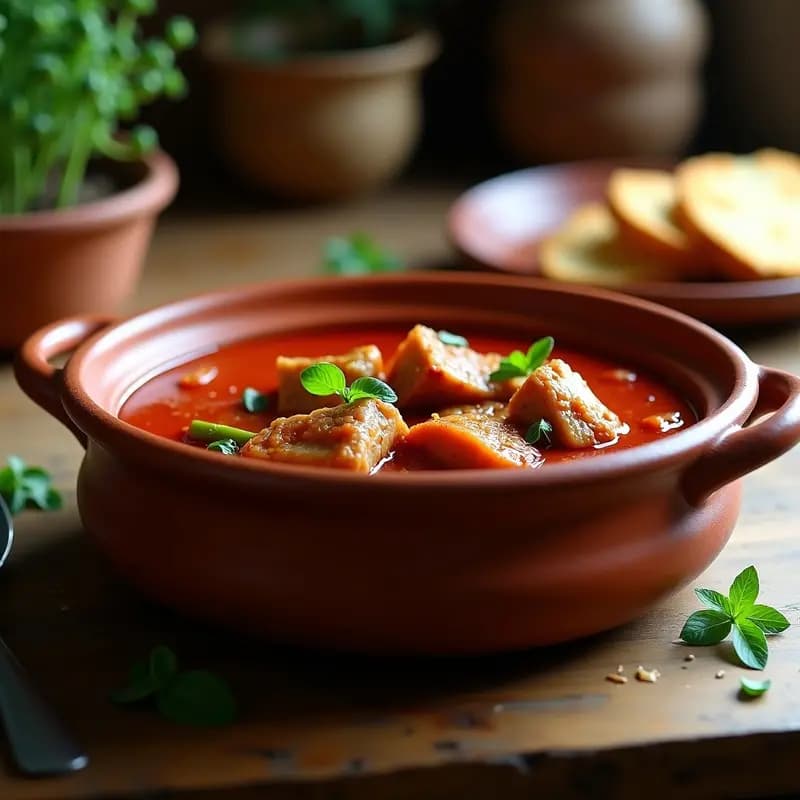 Cazuela de barro con magro con tomate andaluz, trozos de carne jugosa bañados en una salsa espesa de tomate casero, acompañados de pimiento verde y cebolla. Plato tradicional español listo para servir.
