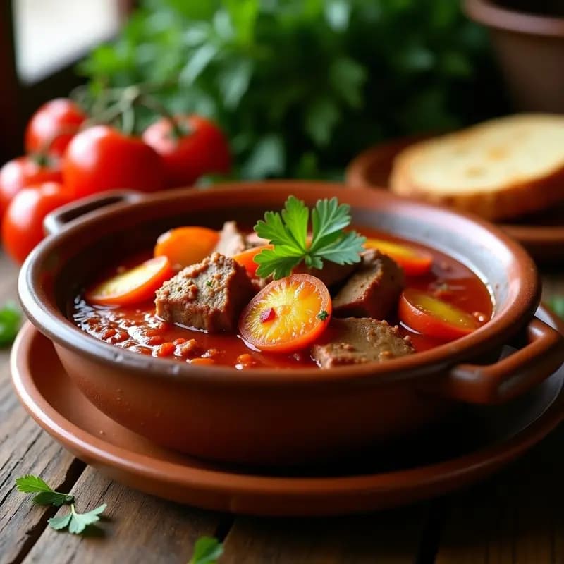 Olla de barro con magro con tomate y patatas panaderas cordobés, trozos de carne dorada, patatas en rodajas crujientes y salsa espesa de tomate. Plato tradicional español servido en cuenco rústico.