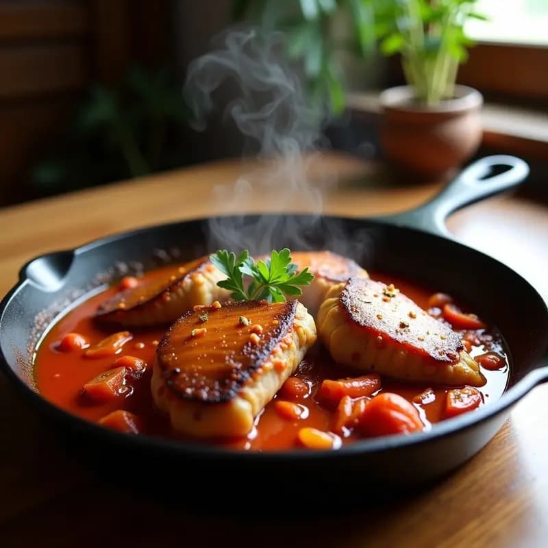 Sartén de hierro con filetes de magro de cerdo dorados cubiertos de una salsa espesa de tomate, cebolla y ajo, típico plato cordobés tradicional.