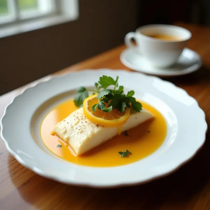 Filetes dorados de Mahi Mahi al horno en bandeja blanca con salsa amarilla de maracuyá y coco, decorados con cilantro fresco, coco rallado y semillas de sésamo, receta hawaiana ligera y exótica.