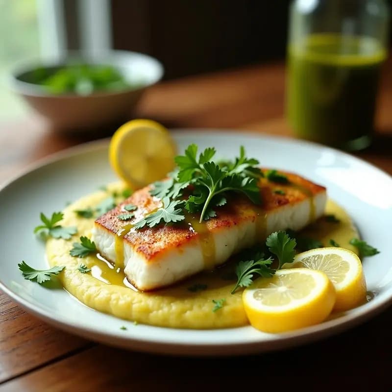 Plato elegante con filete de Mahi Mahi dorado al horno, bañado en salsa mojo de ajo verde y servido sobre un puré de yuca cremoso. Decorado con hojas de cilantro fresco y rodajas de limón, receta cubana alta en proteína y sin gluten.