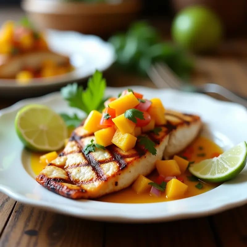Filete de Mahi Mahi a la parrilla con marcas doradas, servido sobre un plato blanco con salsa de mango y habanero de color naranja vibrante, decorado con cilantro fresco y rodajas de lime, fondo borroso de cocina caribeña.