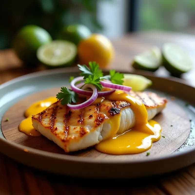 Filete de Mahi Mahi a la plancha dorado con piel crujiente, bañado en salsa de maracuyá amarilla vibrante con trozos de cebolla morada y cilantro fresco. Plato servido sobre base de madera rústica con rodajas de lima al lado, receta peruana alta en Omega-3.
