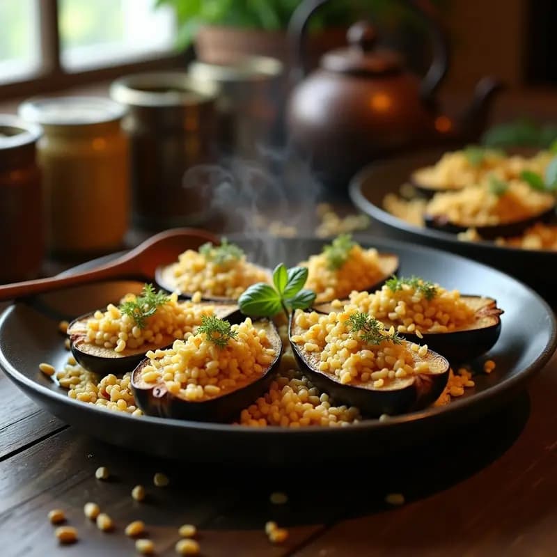 Plato tradicional iraquí Mahshi de berenjena rellena de arroz basmati especiado, con toques de limón confitado, pistachos y menta fresca, servido en fuente de barro rústica.