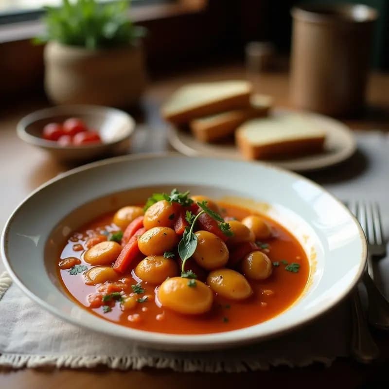 Olla de barro humeante con mainzo de invierno asturiano, lleno de castañas doradas, rodajas de morcilla y trozos de patata y verduras, servido en un plato hondo rústico sobre una mesa de madera con fondo de montaña nevada.