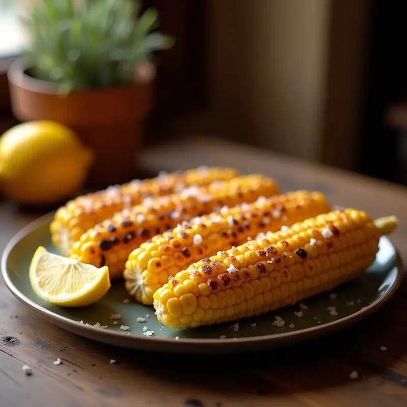 Mazorcas de maíz asado doradas con costra ligeramente carbonizada, espolvoreadas con sal gruesa y pimentón, acompañadas de rodajas de limón fresco sobre una mesa de madera rústica, receta tradicional española a la brasa.