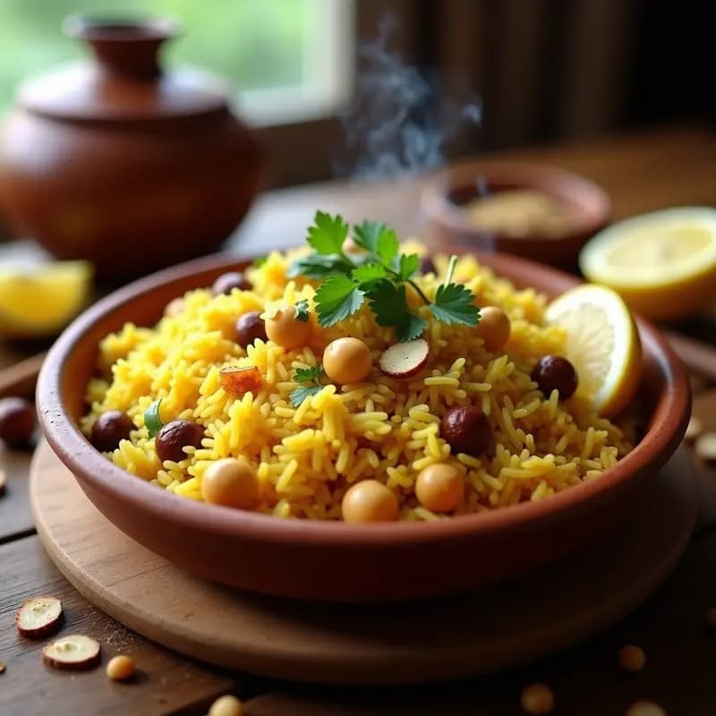 Plato hondo de barro con Majboos emirati vegano: arroz basmati amarillo dorado mezclado con garbanzos, zanahoria y apio, decorado con almendras fileteadas tostadas y pasas sultanas. Acompañado de gajos de limón sobre fondo rústico de madera.
