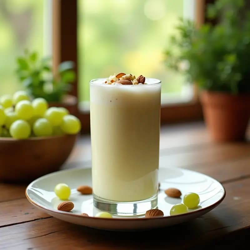 Vaso alto de cristal con Majo Blanco murciano, bebida cremosa de color blanco con trocitos de uvas verdes y almendras fileteadas en la superficie, servido sobre una mesa rústica de madera con fondo de huerta murciana.