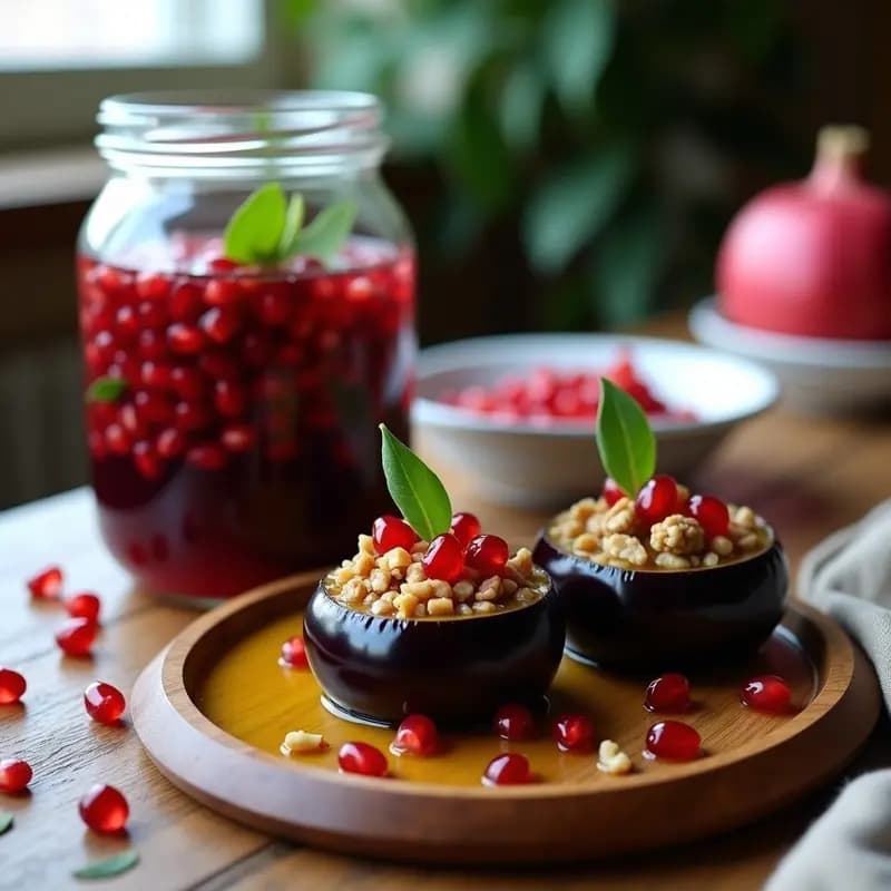 Frasco de vidrio transparente con Makdous Armenio relleno de nueces y granada, berenjenas pequeñas fermentadas con especias, sumergidas en líquido dorado, decoradas con semillas de granada rojas y hojas de laurel, sobre fondo rústico de madera con sumac y pimienta de Alepo esparcidos.