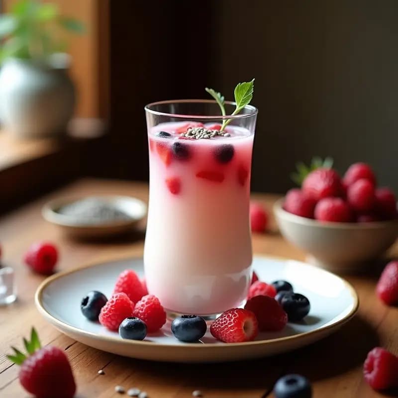 Vaso alto transparente con makgeolli coreano con frutos rojos, bebida fermentada y refrescante sin alcohol, decorado con fresas, arándanos y semillas de chía, servido con hielo picado sobre una mesa de madera rústica.