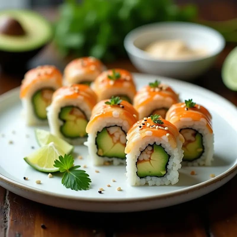 Plato de madera oscuro con makis de aguacate y langostino brasileños cortados en porciones, decorados con coco rallado, semillas de sésamo negro y cilantro fresco. Salsa de soja con aceite de sésamo al lado, fondo borroso con toques tropicales.