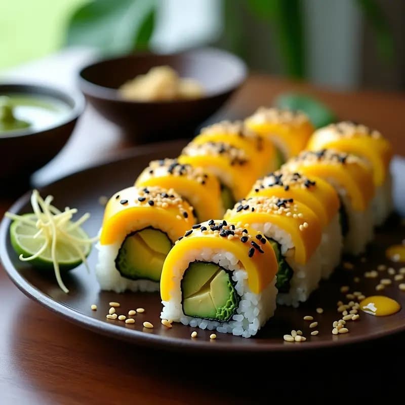 Plato de madera oscuro con maki de aguacate y mango cortados en piezas, mostrando el relleno verde y amarillo, acompañados de salsa de wasabi en un bol pequeño de cerámica. Decorado con semillas de sésamo negro y germinados de rábano.