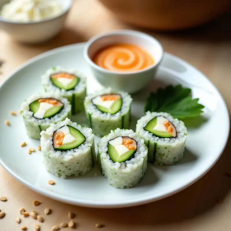 Plato blanco con makis de pepino y queso Philadelphia cortados en porciones, acompañados de salsa sriracha cremosa y semillas de sésamo tostadas, receta japonesa vegetariana en sushi roll.