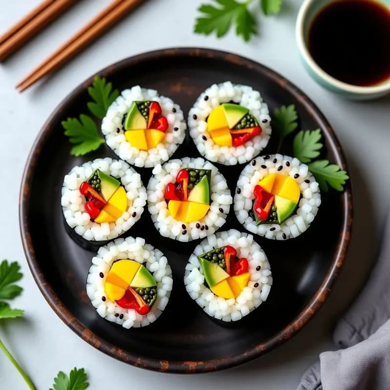 Plato de madera oscuro con 6 rollos de Makizushi de aguacate y mango vegano y sin gluten, cortados en porciones, mostrando capas de arroz blanco, mango amarillo, aguacate verde y semillas de sésamo negro. Acompañado de salsa de soja y palillos japoneses.