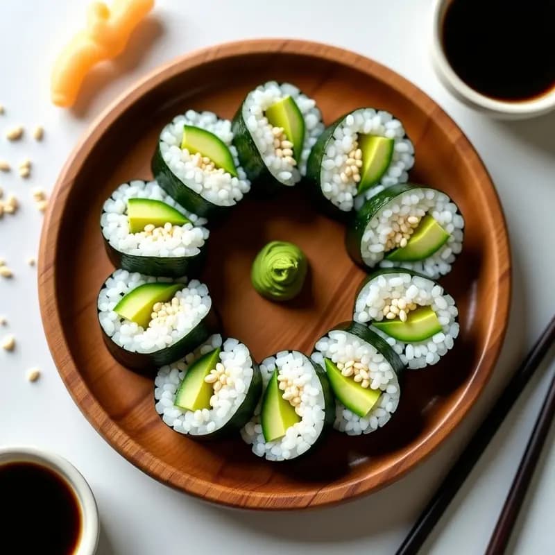 Plato de madera con makizushi de aguacate y pepino vegano cortado en 8 piezas, mostrando el arroz de vinagre brillante, el aguacate cremoso y el pepino crujiente. Acompañado de salsa de soja, wasabi y jengibre en escabeche sobre un fondo minimalista.