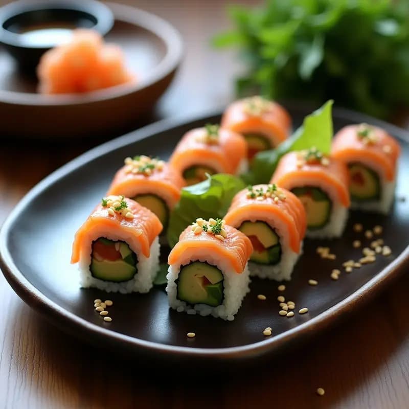 Plato blanco rectangular con makizushi de aguacate y salmón ahumado cortados en porciones, servidos con salsa de soja, wasabi y jengibre encurtido, sobre fondo de madera clara.