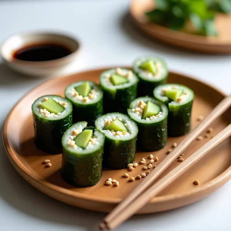 Plato de madera con makizushi de pepino y queso crema vegano cortados en porciones, envueltos en alga nori, espolvoreados con semillas de sésamo y acompañados de salsa de soja, receta vegana y sin gluten.