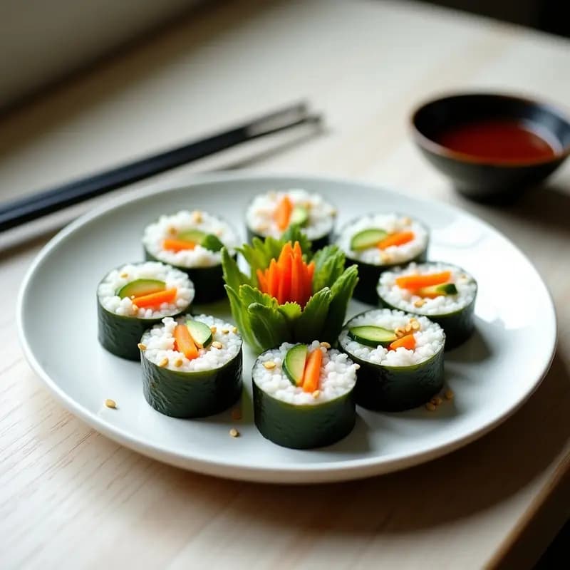 Plato blanco con makizushi de pepino y zanahoria cortados en rodajas, mostrando capas de arroz, pepino verde y zanahoria naranja, acompañados de salsa teriyaki brillante y sésamo tostado espolvoreado.