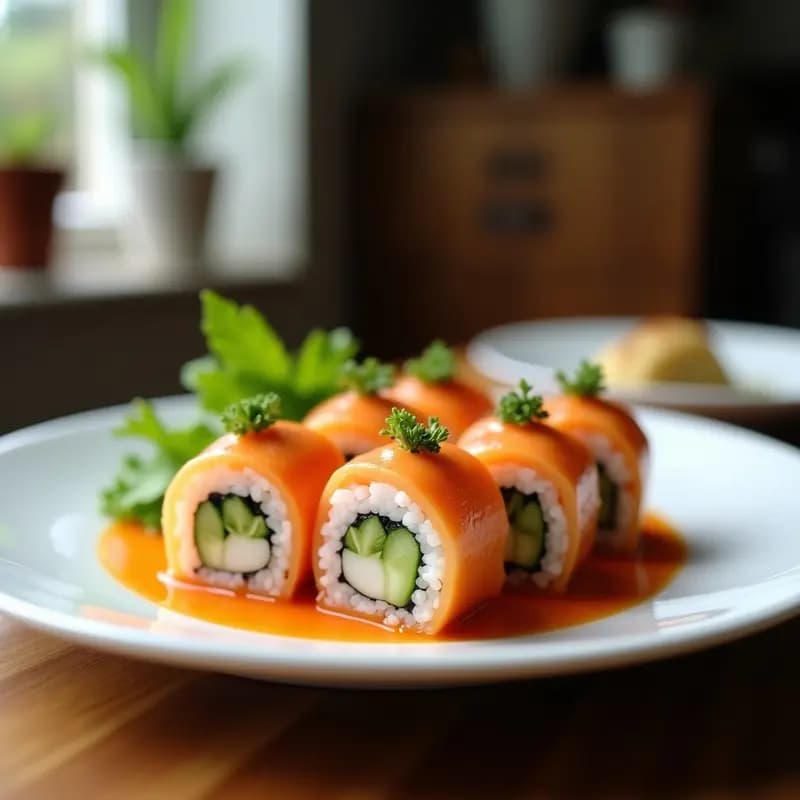 Rollos de makizushi veganos sin arroz, envueltos en alga nori, rellenos de tiras de pepino, zanahoria y aguacate, cortados en porciones y servidos con dip de sésamo y limón sobre un plato de madera.