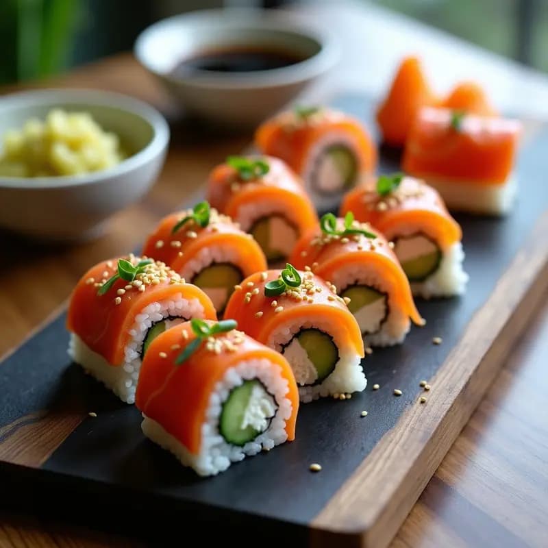Rollos de makizushi cortados en porciones sobre una tabla de madera negra, mostrando capas de arroz blanco, queso crema, salmón ahumado rosado y pepino verde, acompañados de salsa de soja y semillas de sésamo espolvoreadas.