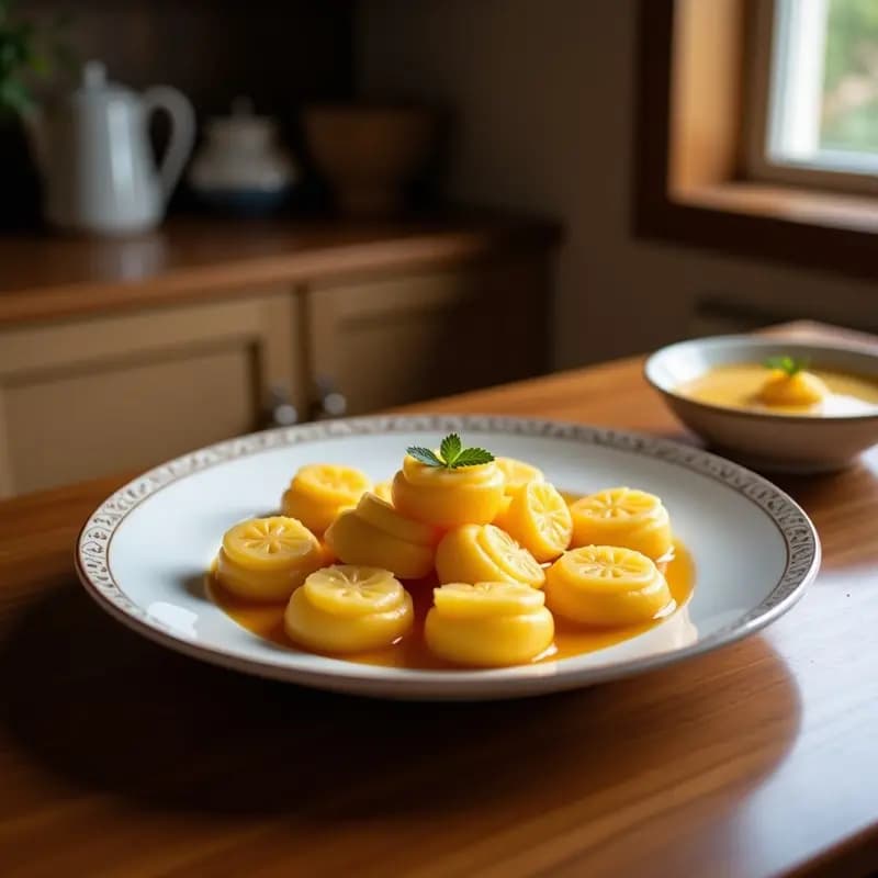 Plato blanco con Makrud de sémola y dátiles dispuestos en círculo, bañados en jarabe dorado y decorados con semillas de sésamo y pistachos picados. Postre tradicional magrebí sin horno.