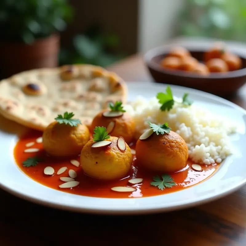 Plato de porcelana blanca con Malai Kofta vegetarianas y sin gluten: albóndigas doradas de patata y paneer bañadas en una salsa de tomate casera cremosa con toques de cúrcuma y cilantro fresco, acompañadas de arroz basmati y hojas de kari.
