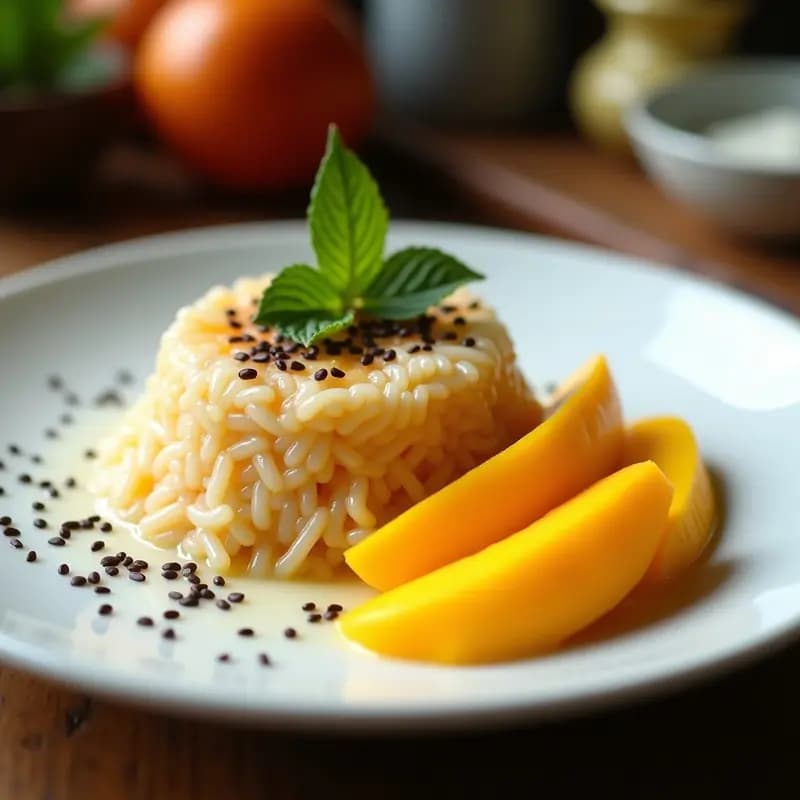 Plato blanco con Mango Sticky Rice tailandés: arroz glutinoso cremoso bañado en leche de coco, acompañado de rodajas de mango fresco amarillo, espolvoreado con semillas de sésamo negro y hojas de menta para decorar.