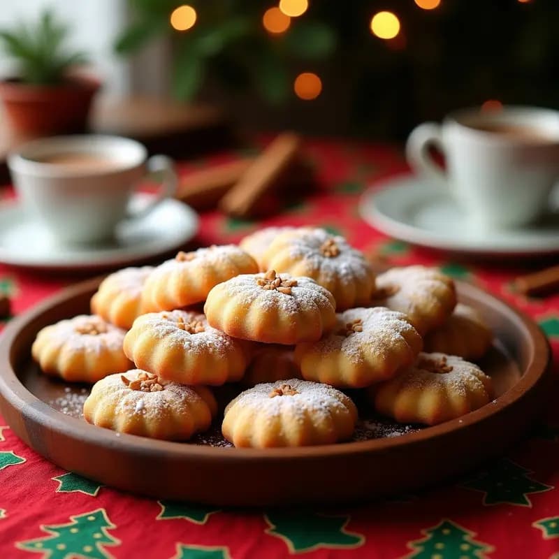 Bandeja de madera rústica con mantecados de polvorón con canela, dorados y espolvoreados con azúcar, sobre un mantel navideño con detalles rojos y verdes.