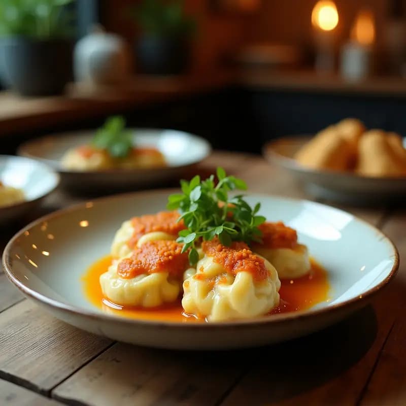 Plato blanco con manti turcos de calabacín y queso feta al vapor, dispuestos en círculo y bañados con salsa de yogur griego, ajo tostado y menta fresca. Texturas suaves y cremosas con un toque verde de hierbas.