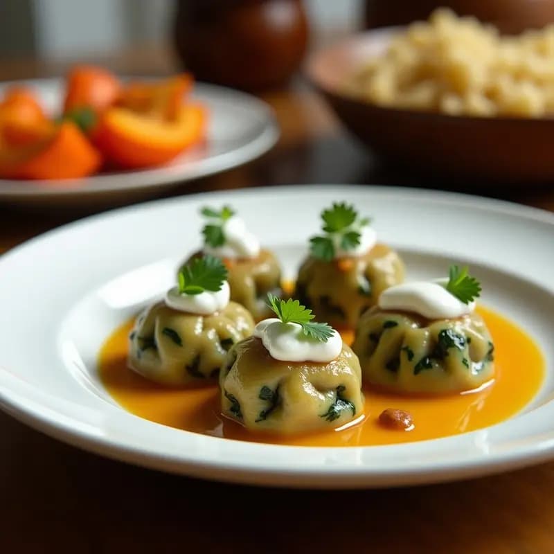 Plato blanco con manti turcos veganos en forma de barquito, rellenos de calabaza asada y espinacas, bañados en salsa cremosa de yogur de coco con menta fresca y semillas de sésamo tostadas. Receta de manti de calabaza y espinacas con yogur de coco, sin gluten y vegana.