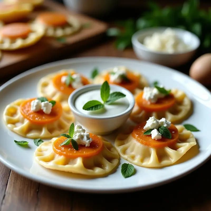 Plato blanco con manti turcos dorados y crujientes rellenos de calabaza y queso feta, servidos con salsa de yogur griego y menta fresca, receta en airfryer alta en proteína.