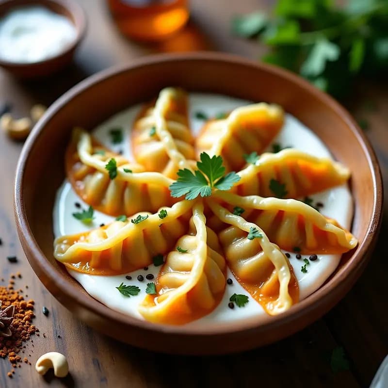Plato blanco con manti uzbekos veganos al vapor, rellenos de calabaza y especias, dispuestos en círculo y acompañados de salsa de yogur de coco con menta fresca y semillas de sésamo tostadas.