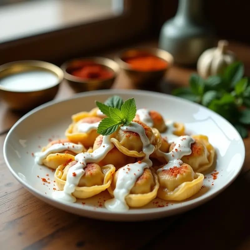 Plato de porcelana blanca con manti de cordero y yogur con salsa de ajo, servidos en forma de bolsitas doradas, bañados en salsa cremosa de yogur y decorados con menta fresca y pimentón, fondo rústico con especias turcas.