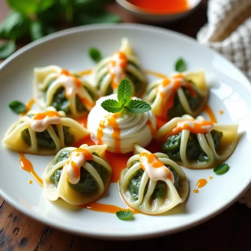 Plato blanco con manti turcos de espinacas y queso al vapor, bañados en yogur cremoso con menta y rociados con aceite de chili rojo brillante, receta auténtica de Oriente Medio.