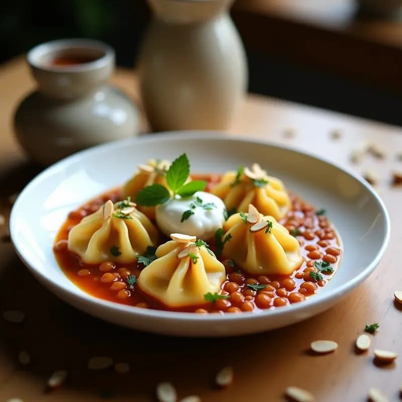 Plato blanco con Manti Turco de Lentejas y Cúrcuma al vapor, empanadillas veganas de masa fina rellenas de lentejas especiadas, servidas con yogur de soja cremoso, almendras fileteadas y perejil fresco picado.