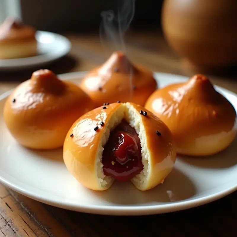 Mantou Chino dorado y crujiente relleno de pasta de frijoles rojos, servido en plato de cerámica blanca con semillas de sésamo negro, receta de pan al vapor en olla exprés.