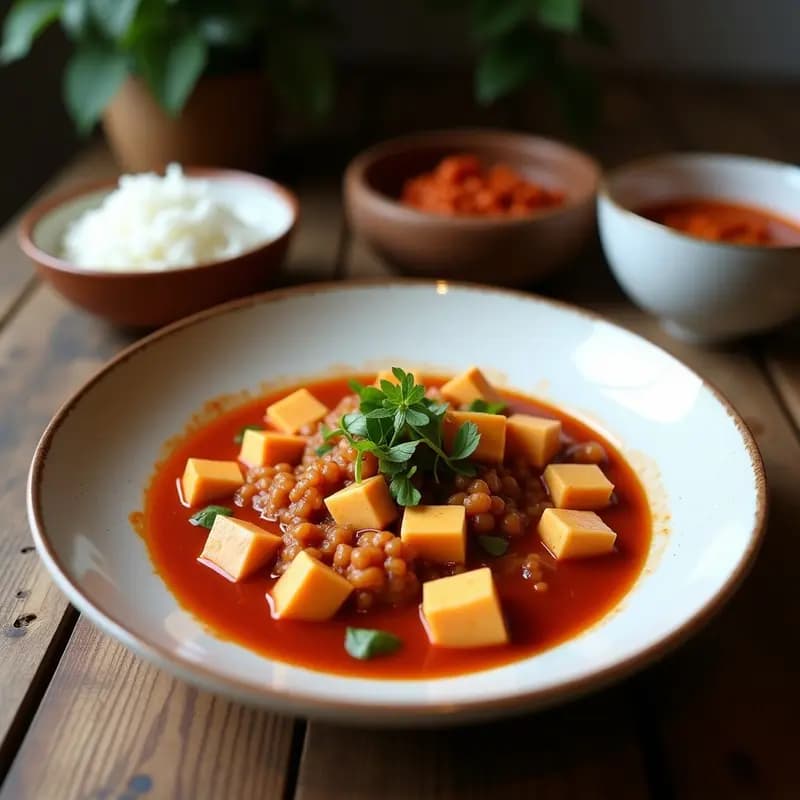 Wok de hierro fundido con Mapo Tofu humeante, estofado chino picante con tofu sedoso desmenuzado y carne de cerdo en salsa espesa roja, decorado con cebolla verde y pimienta de Sichuan, servido sobre arroz blanco.