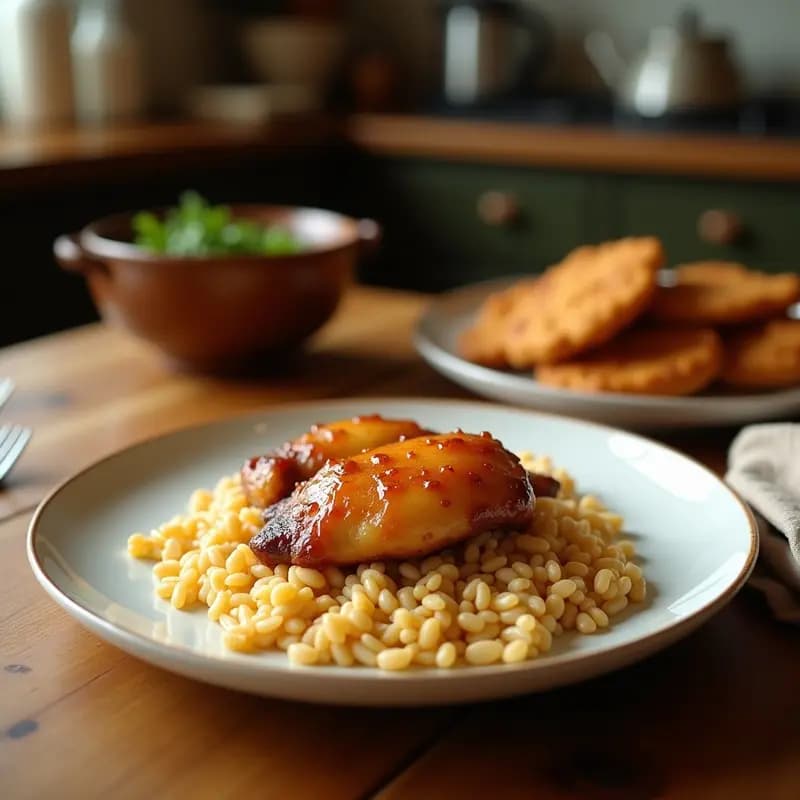 Fuente de cerámica blanca con Maqluba de arroz y pollo palmiresa al revés, mostrando capas de arroz dorado, muslos de pollo crujientes, berenjenas asadas y coliflor caramelizada, decorada con huevo duro y sumac, sobre un mantel rústico.