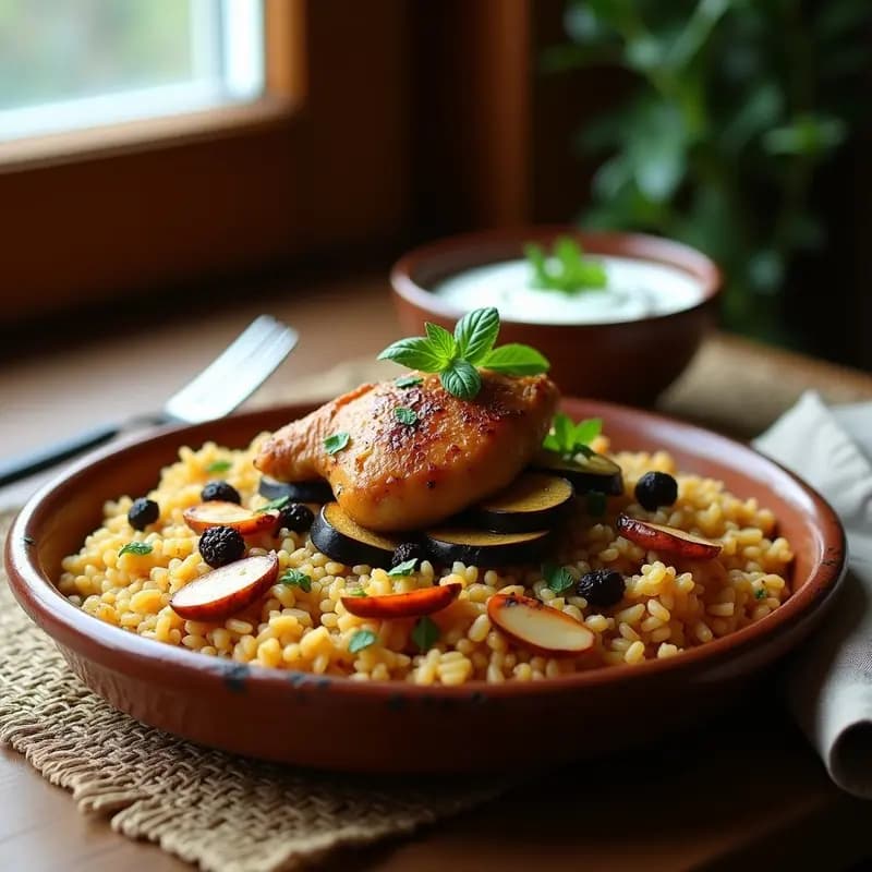 Plato hondo de cerámica blanca con Maqluba palestina volteada: capas doradas de arroz basmati con especias, trozos de pollo jugoso, berenjena asada y calabaza, decorado con almendras y pasas.